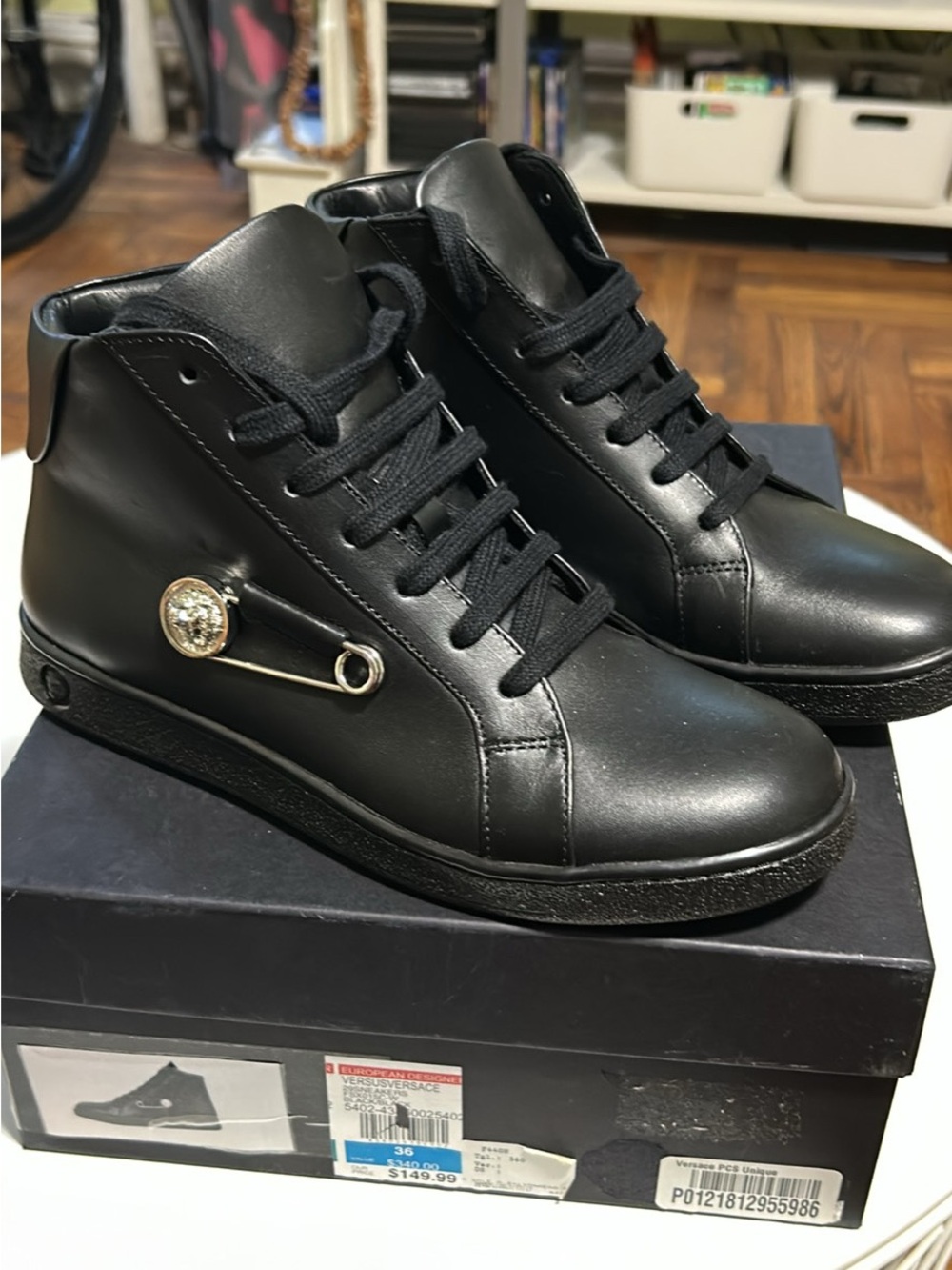 Versus By Versace Black High-Top Leather Sneakers with Silver Medallion Pin